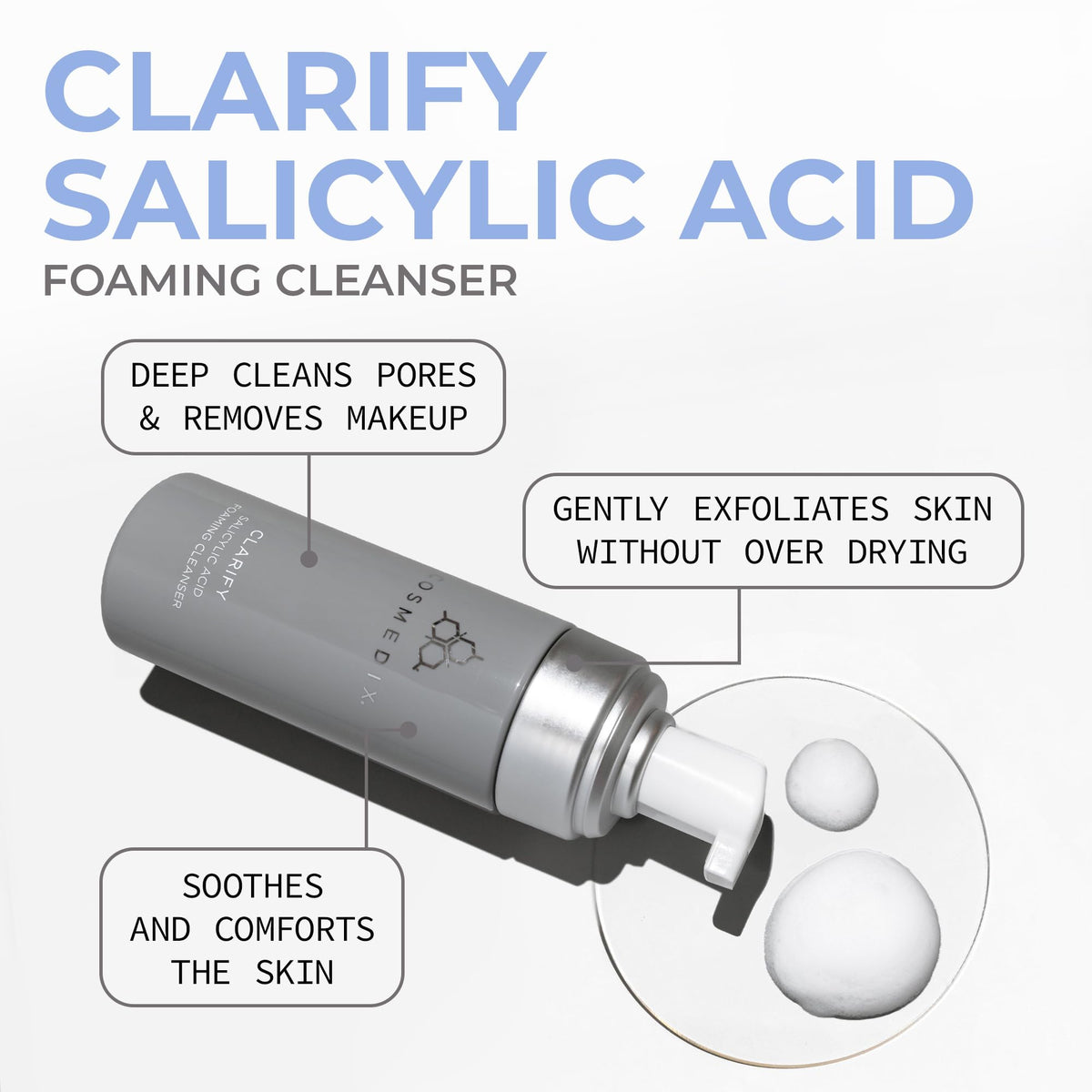 COSMEDIX pump dispensing soft foam showing gentle application and quick lather