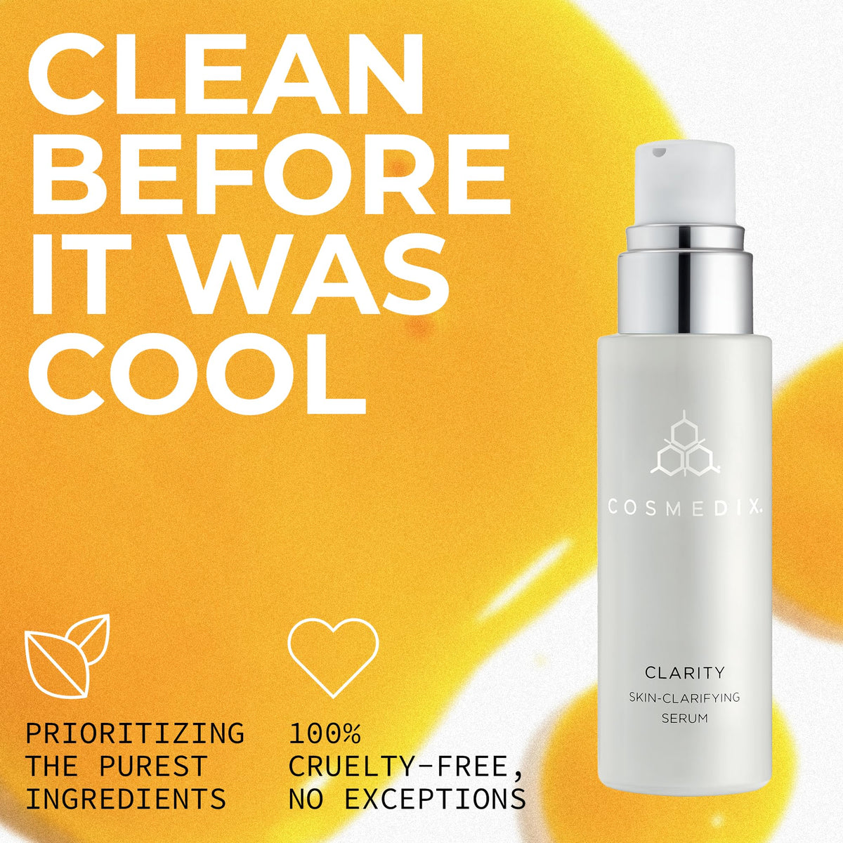 COSMEDIX Clarity bottle next to sunscreen suggesting daytime routine pairing benefit