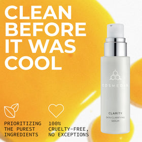 COSMEDIX Clarity bottle next to sunscreen suggesting daytime routine pairing benefit