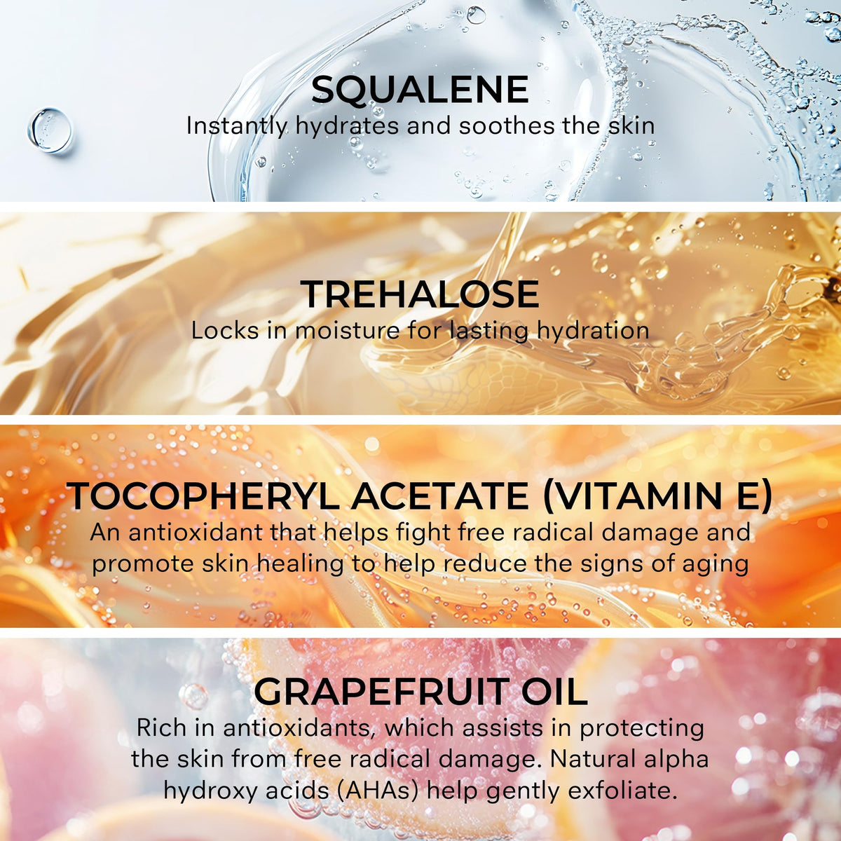 COSMEDIX ingredients display highlighting squalane and trehalose for hydration
