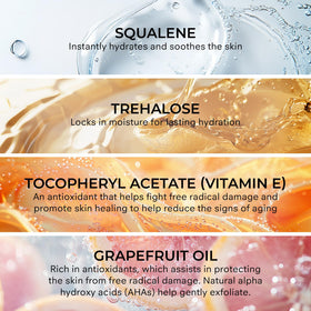 COSMEDIX ingredients display highlighting squalane and trehalose for hydration