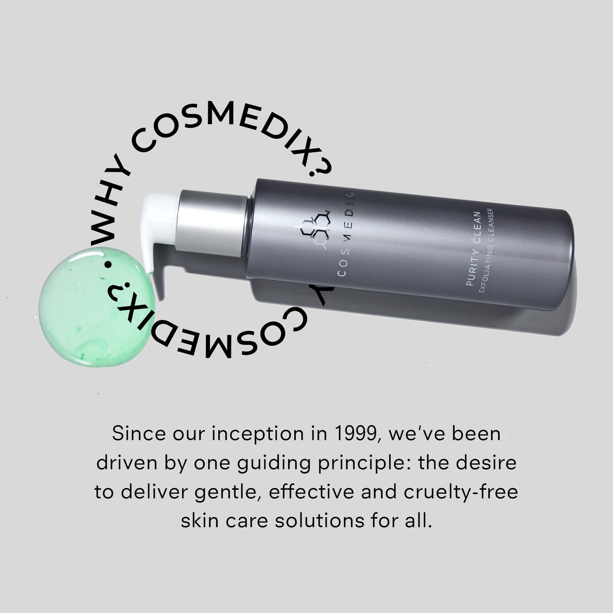 Tea tree and peppermint visuals with COSMEDIX label signaling clarifying refresh