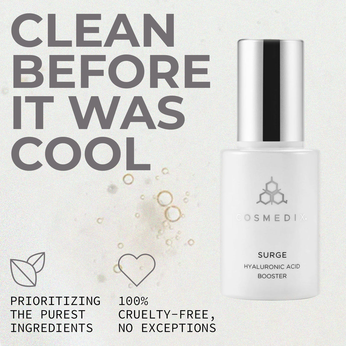 COSMEDIX label detail highlighting hyaluronic acid and niacinamide content