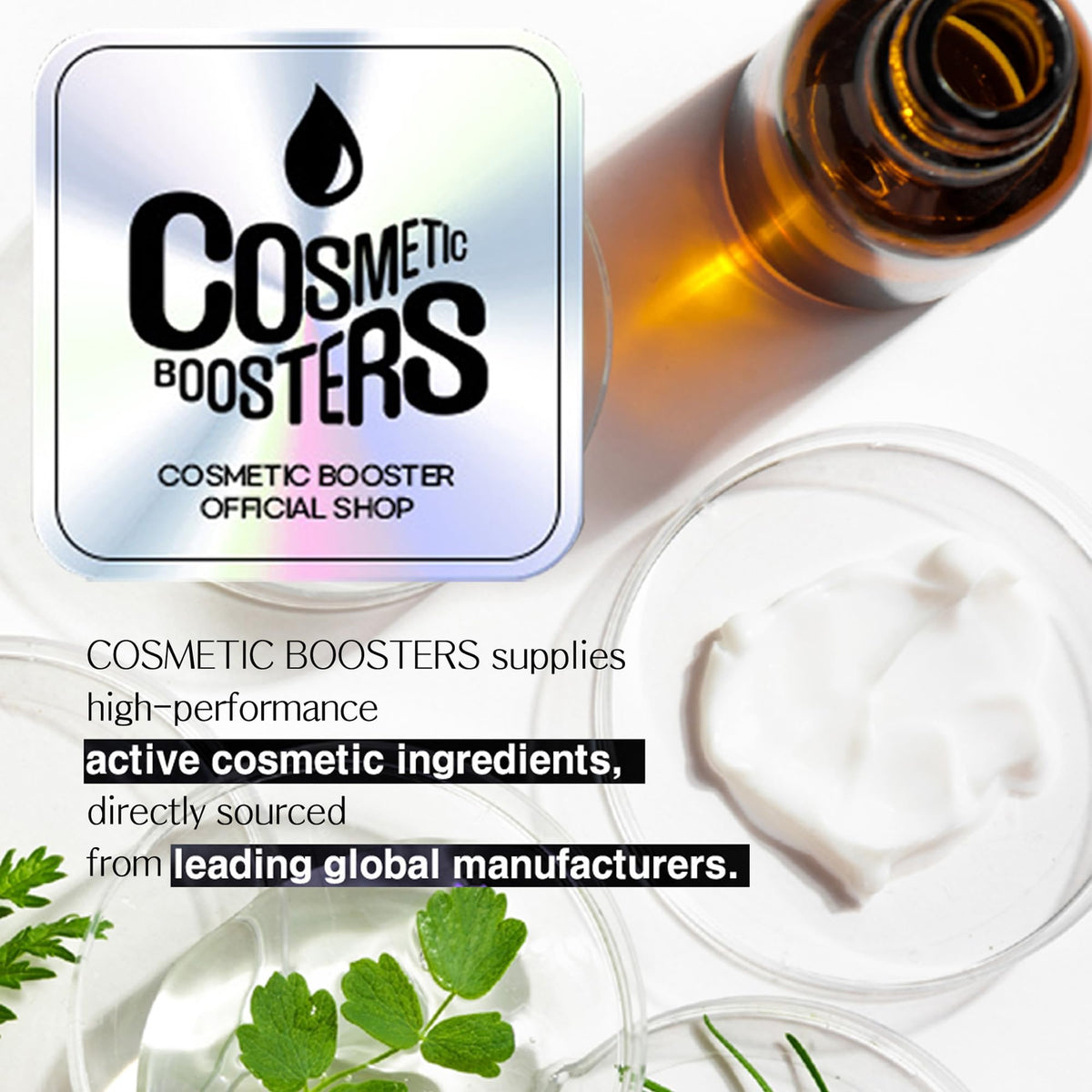 COSMETIC BOOSTERS dropper dispensing a drop, illustrating easy dosing and formulation control