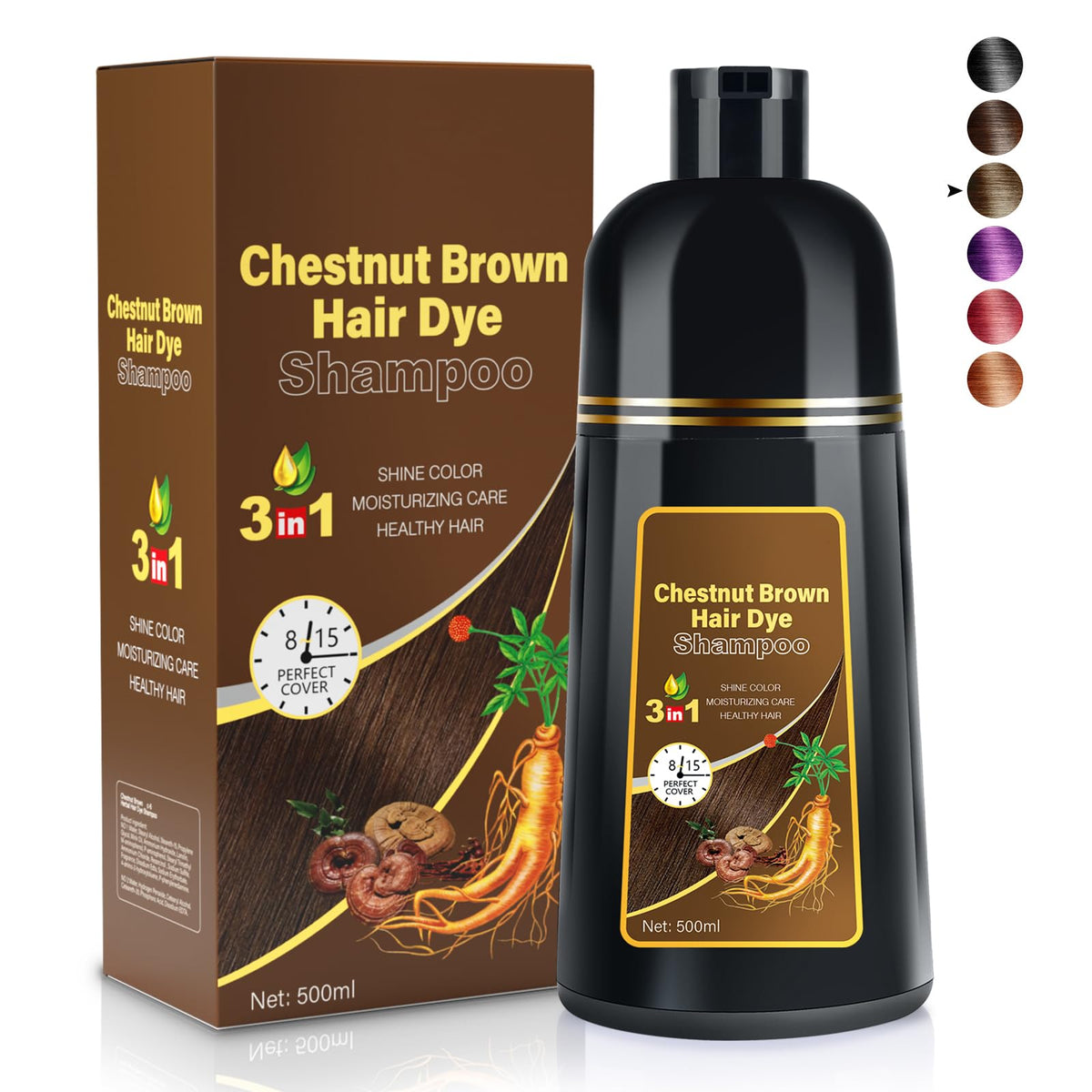 cosmpro bottle front view showing chestnut brown shampoo for easy at-home coloring