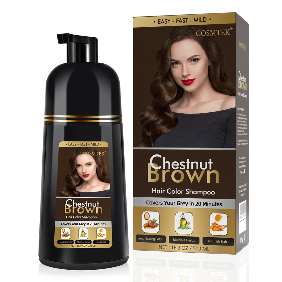 COSMTEK front bottle showing chestnut brown shampoo and product size benefit