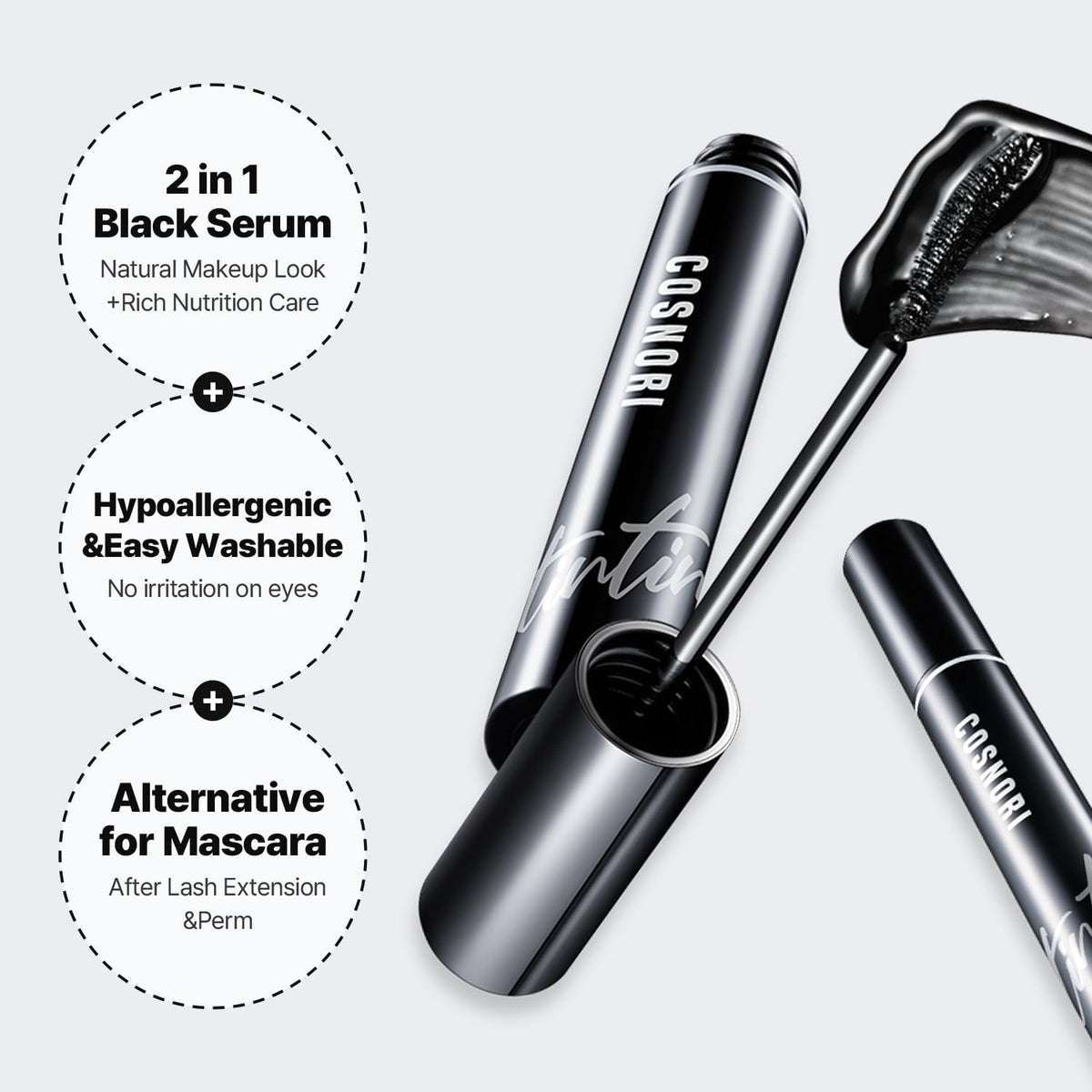 COSNORI wand applying to lashes showing easy application and curl retention