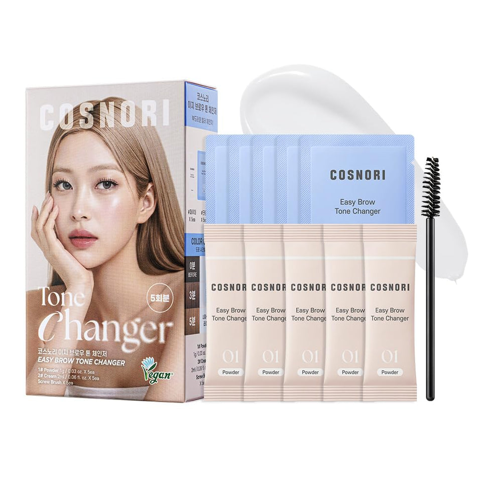 COSNORI front packaging showing kit and five uses for easy at-home brow lightening