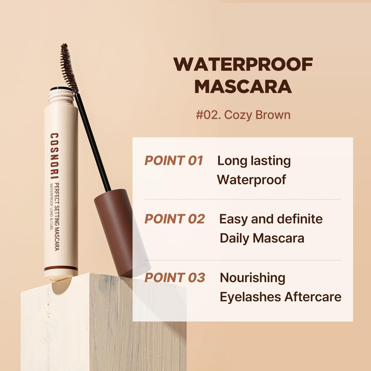 COSNORI brown mascara swatch on paper illustrating Cozy Brown natural finish