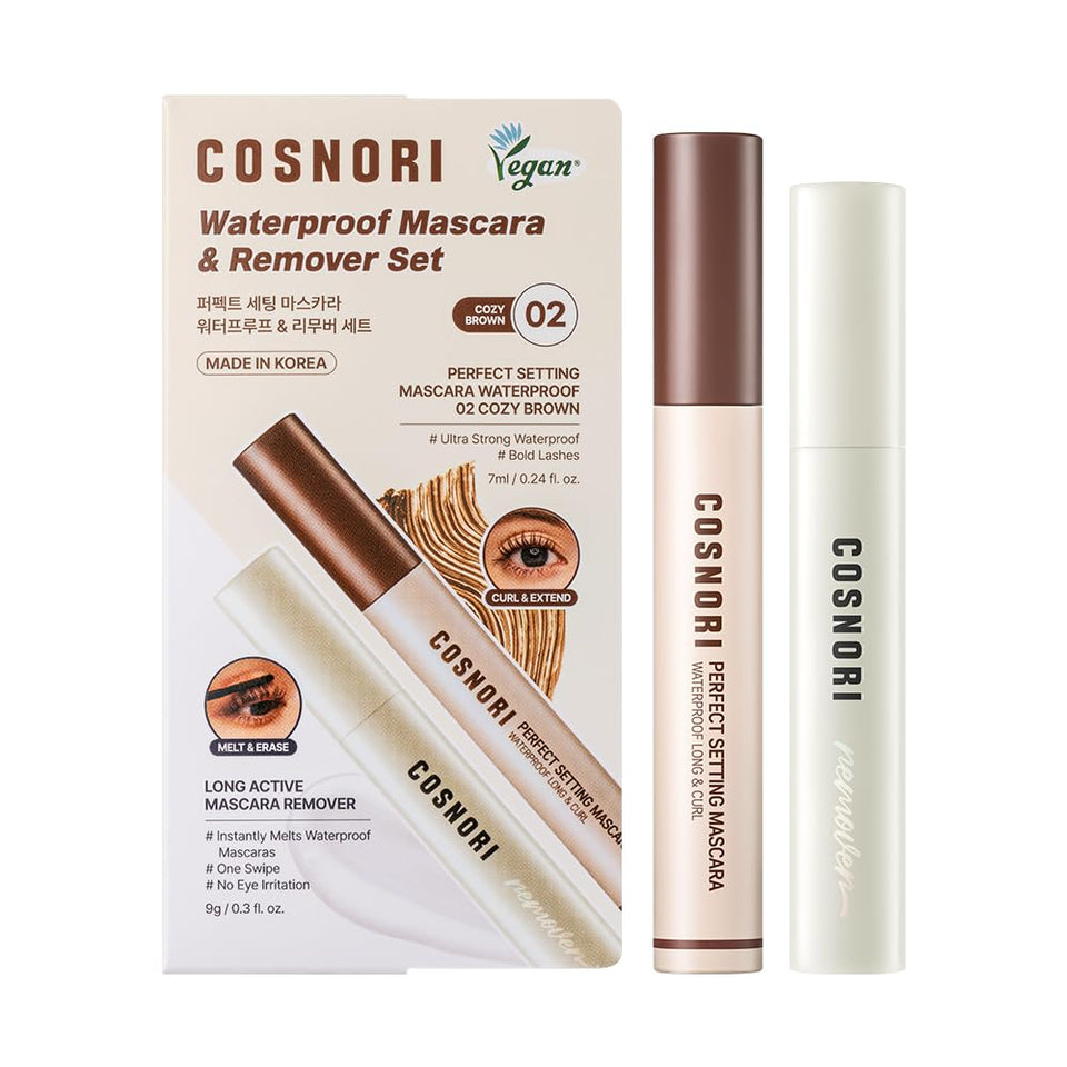 COSNORI front packaging showing both mascara and remover for travel convenience