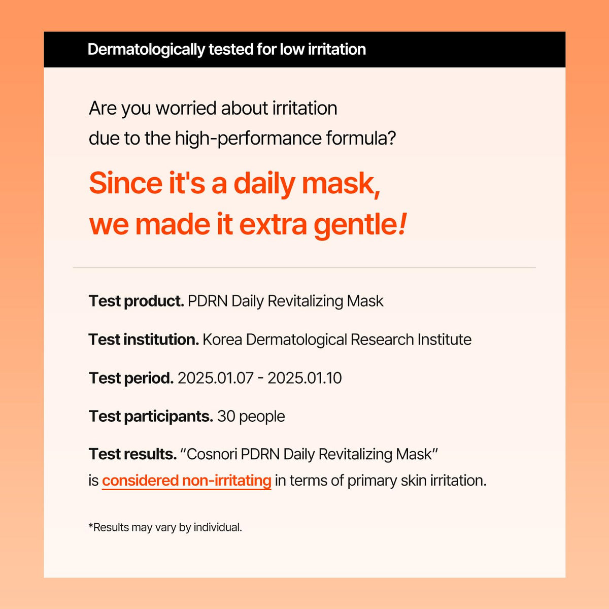 COSNORI label close-up showing safety claims and ingredient highlights