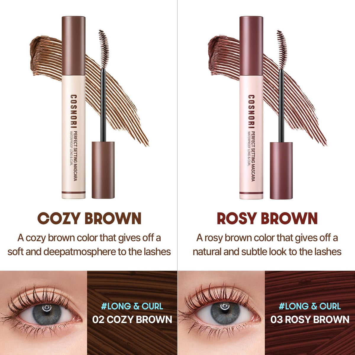 COSNORI before and after lashes showing lifted, defined natural effect