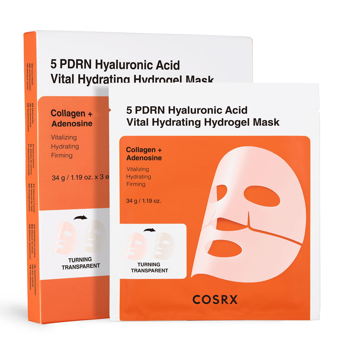 COSRX front packaging showing three hydrogel mask sachets and brand benefit