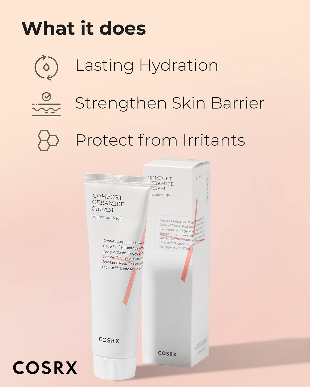 COSRX ingredient label close-up highlighting ceramide and centella benefits