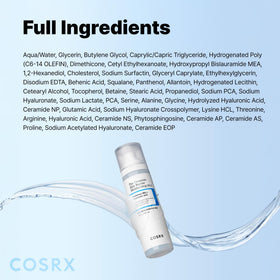 COSRX ingredient label close-up listing ceramides and hyaluronic acid benefits