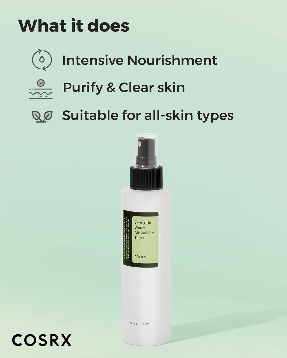 COSRX bottle beside common items demonstrating compact 150ml travel-friendly size