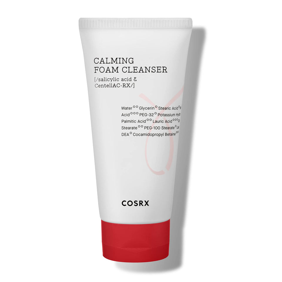 COSRX front packaging of Calming Foam Cleanser showing label and size benefits