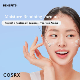 COSRX cleanser on bathroom shelf in lifestyle scene, promoting easy daily routine