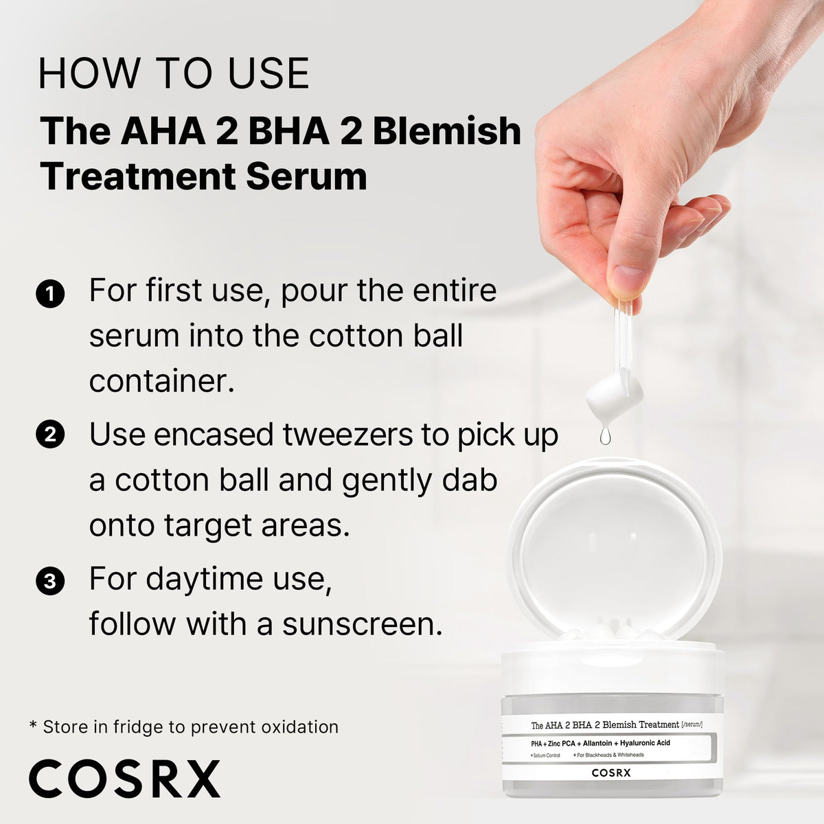 COSRX cotton ball pressed on cheek spot, demonstrating targeted treatment application