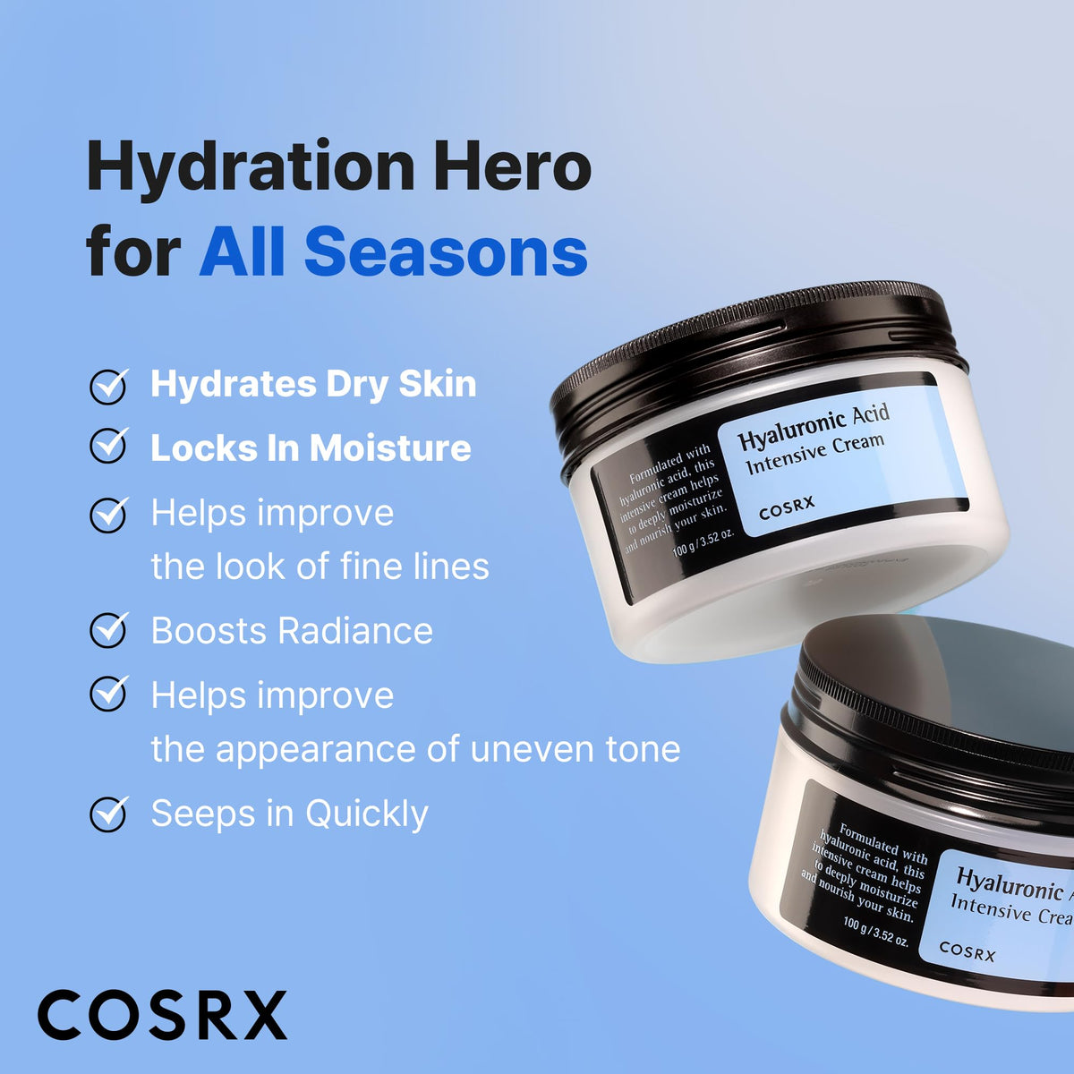 COSRX cream applied to skin to show lightweight finish and hydration result