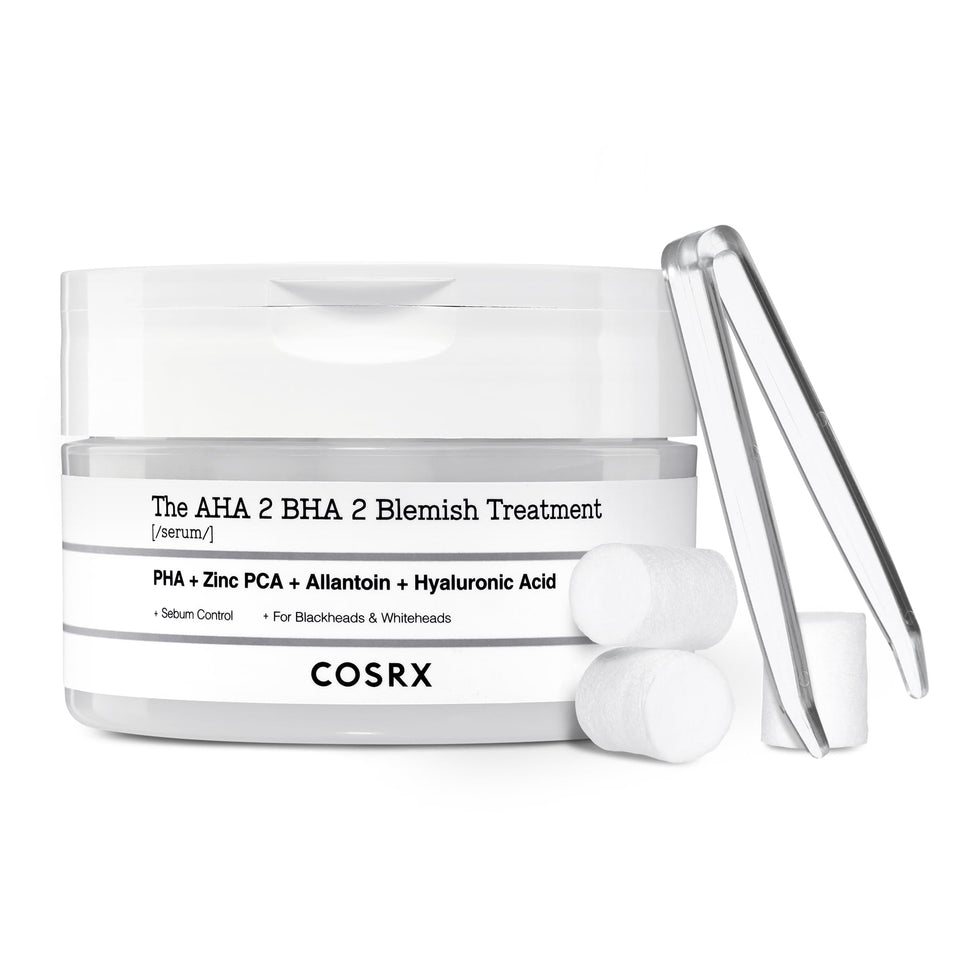 COSRX front packaging showing blemish serum kit and cotton balls for targeted care