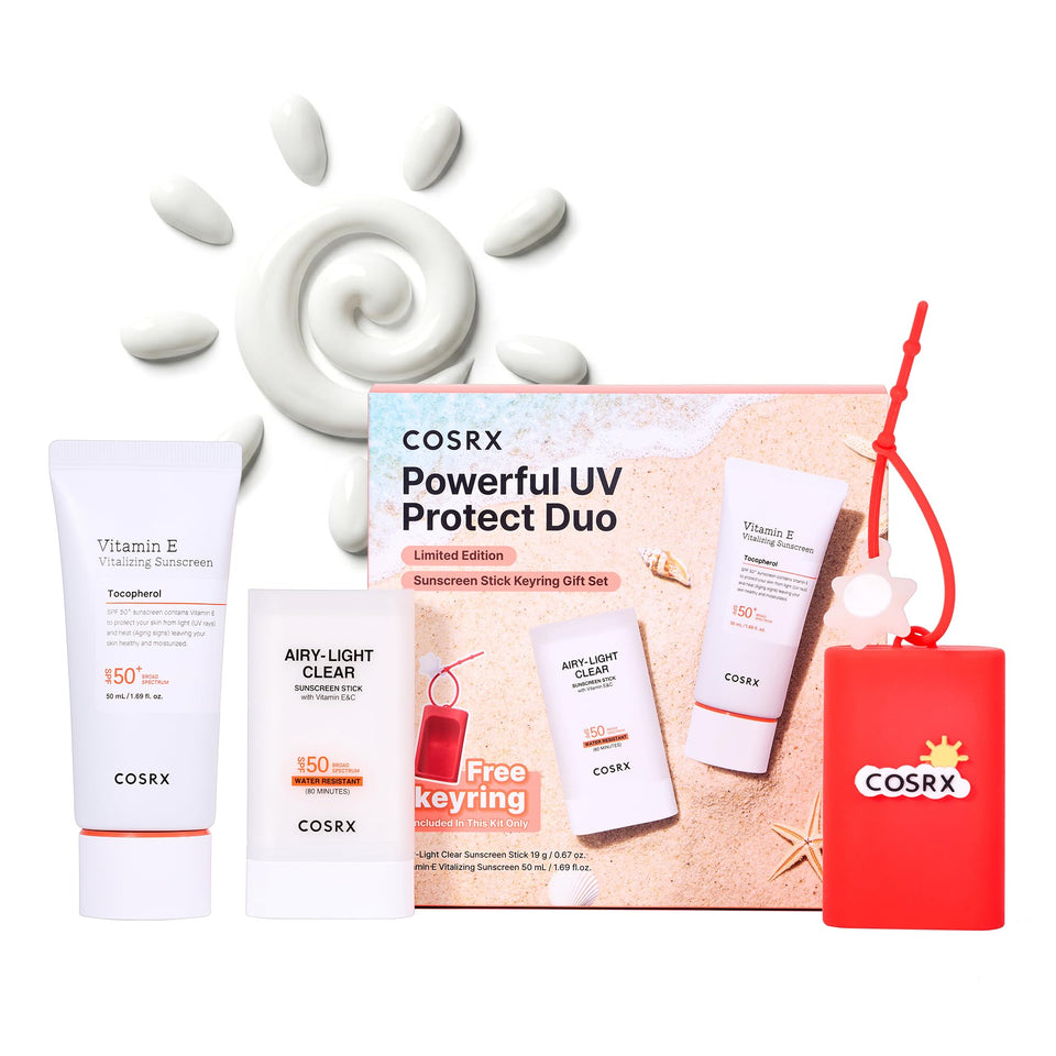 COSRX front packaging showing both sunscreen products and keyring for portability