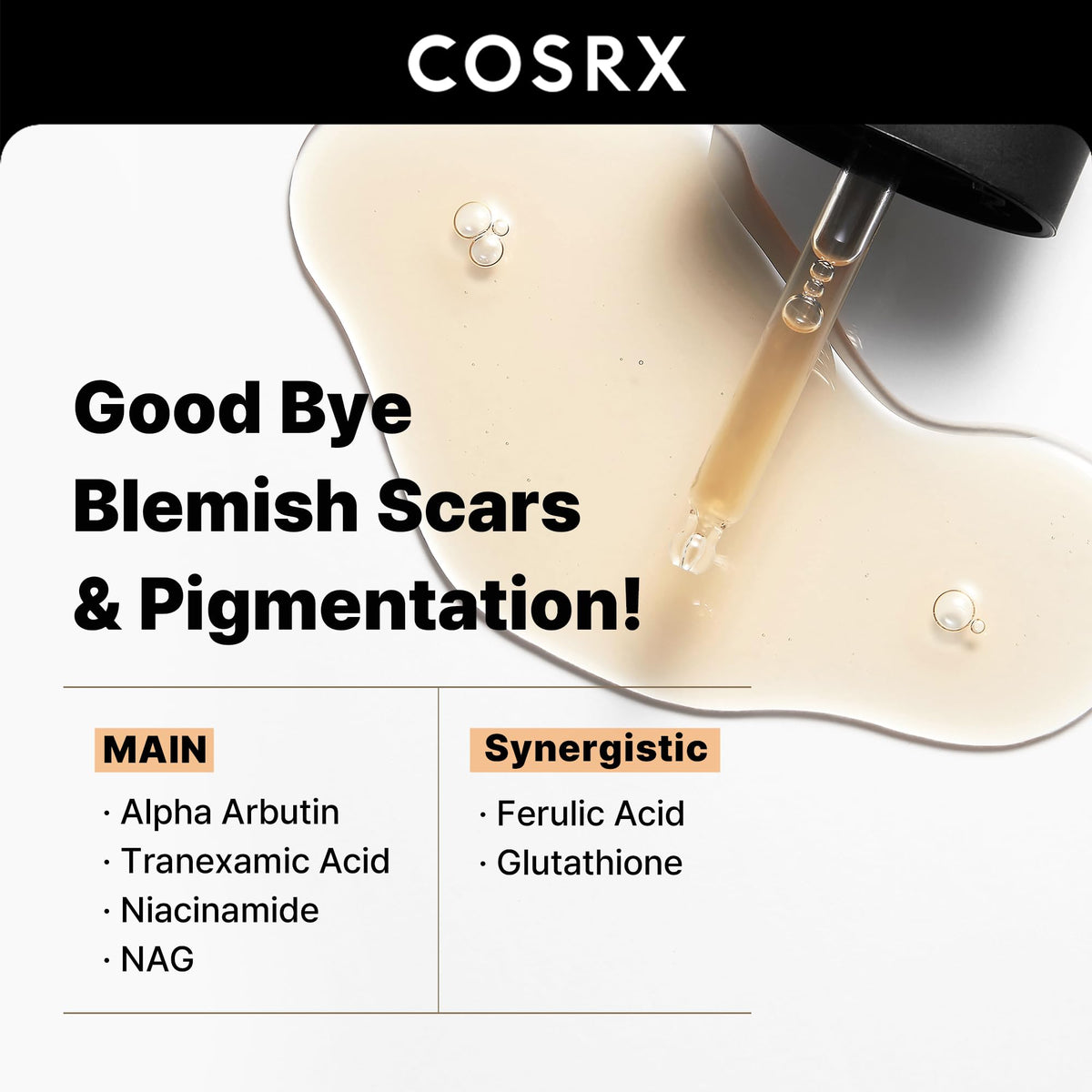 COSRX glass dropper close-up with serum drop, highlights precise dosing and smooth consistency