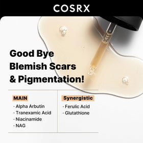 COSRX glass dropper close-up with serum drop, highlights precise dosing and smooth consistency