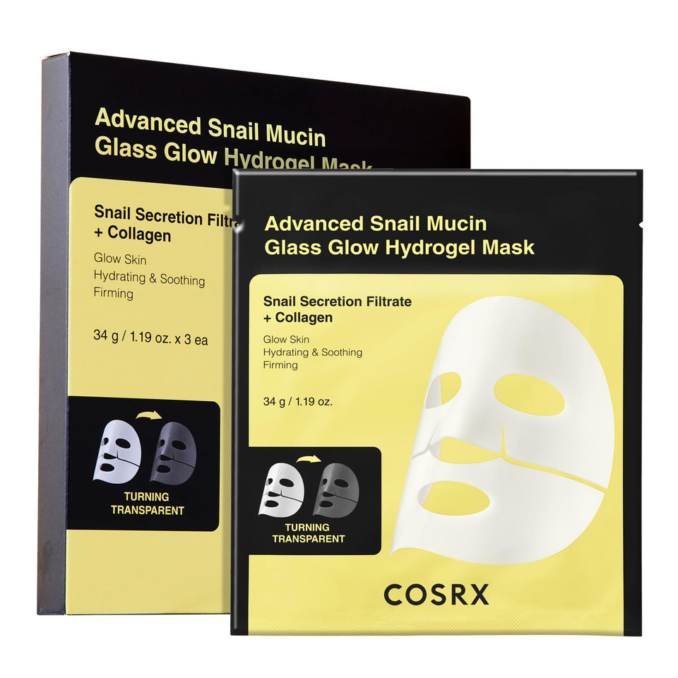 COSRX front packaging showing three glass glow hydrogel masks and travel convenience