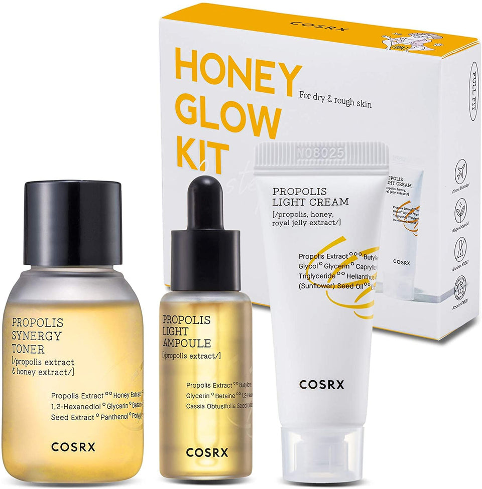 COSRX front packaging of Honey Glow Kit showing travel trio and instant convenience
