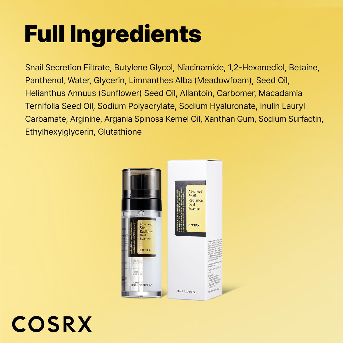 COSRX ingredient label emphasizing snail mucin and niacinamide concentration benefits
