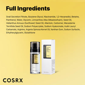 COSRX ingredient label emphasizing snail mucin and niacinamide concentration benefits