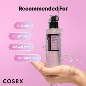 COSRX ingredient label close-up highlighting 7% glycolic acid for targeted exfoliation clarity