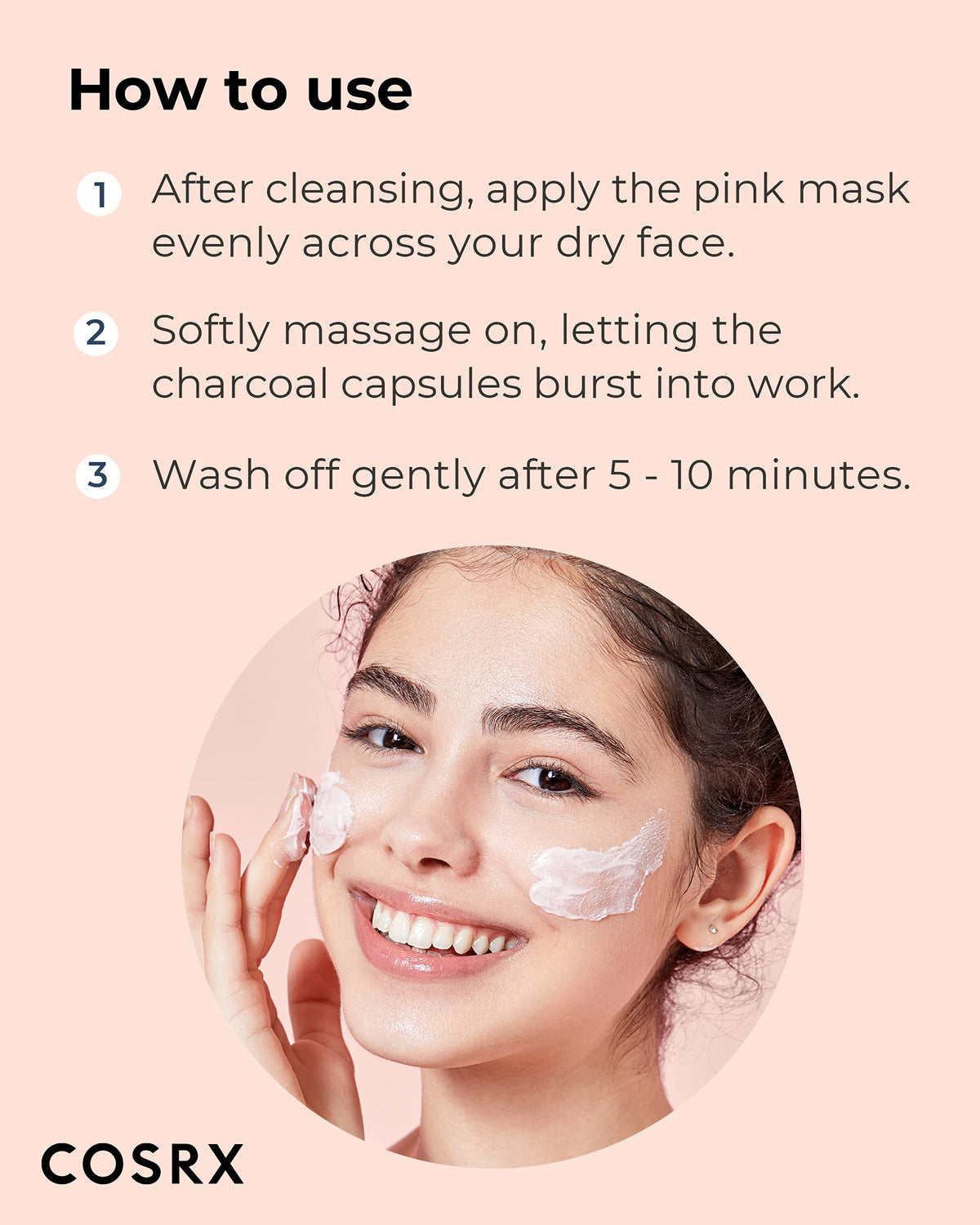 COSRX label closeup listing charcoal, calamine, salicylic acid and free‑from benefits