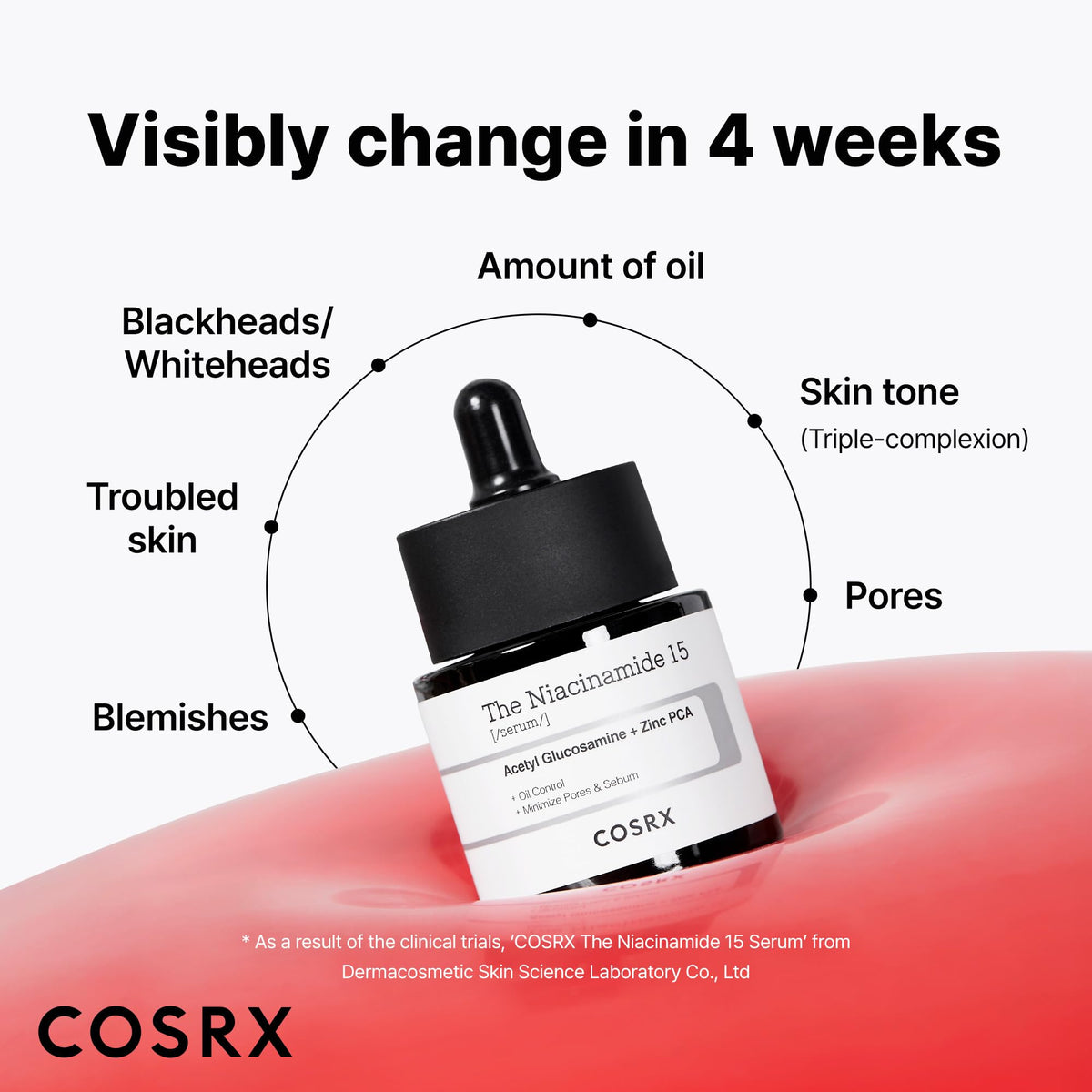 COSRX label close-up featuring niacinamide and Zinc PCA ingredient clarity
