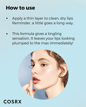 COSRX balm applied on lips demonstrating moisturized plump appearance