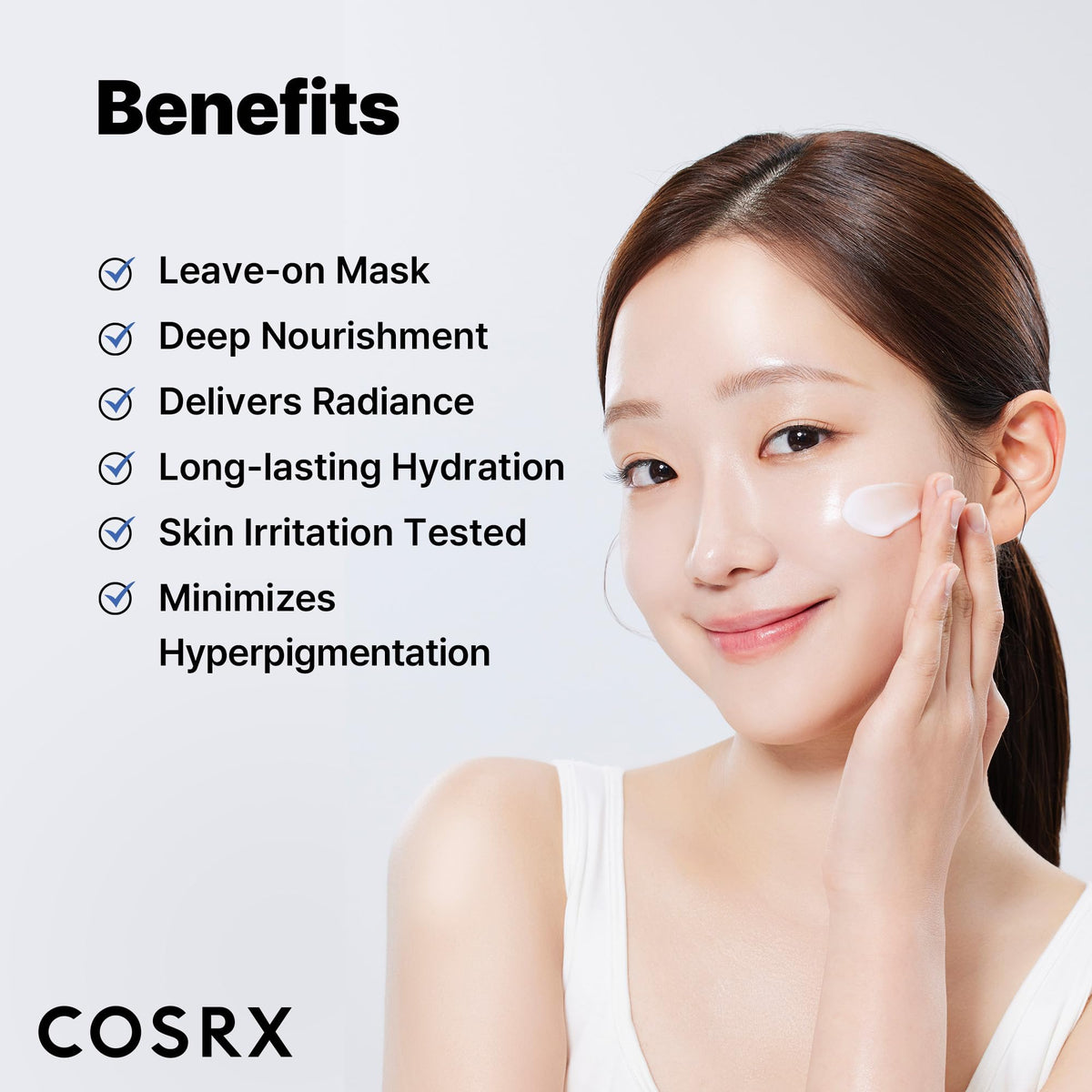 COSRX applying mask on hand demonstrating easy absorption and comfort