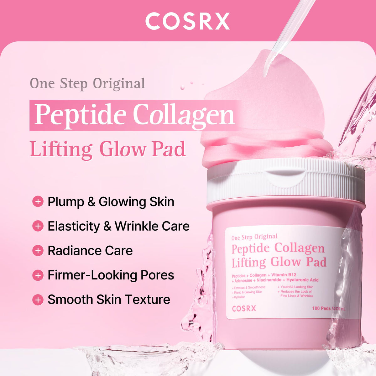 COSRX open jar with a single soaked pad highlighting hydrating essence