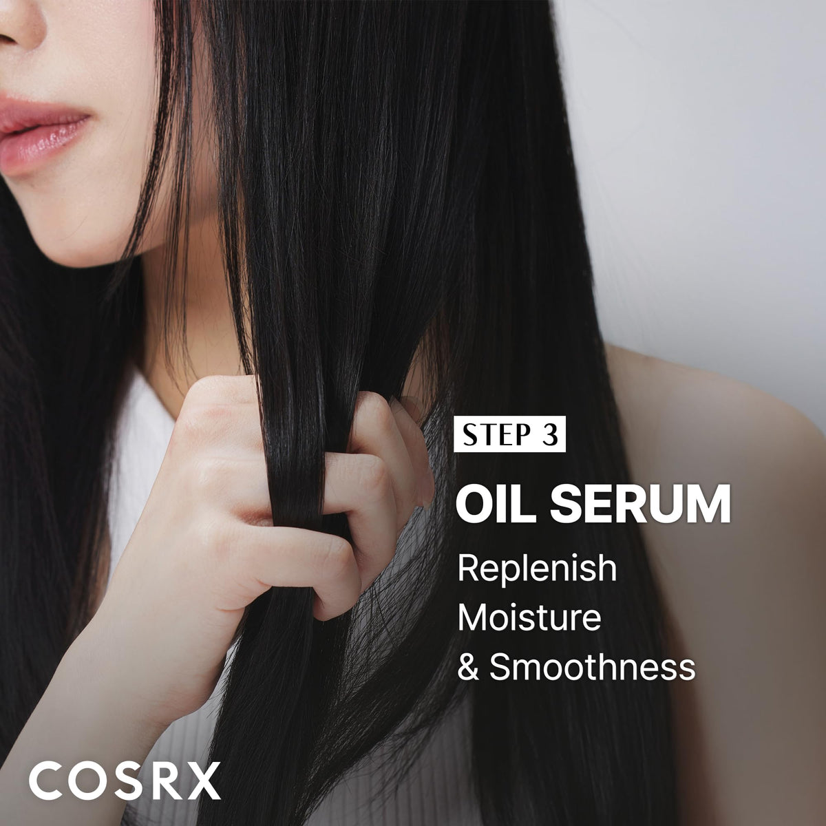 COSRX lifestyle styling finish showing glossy hair and easier manageability