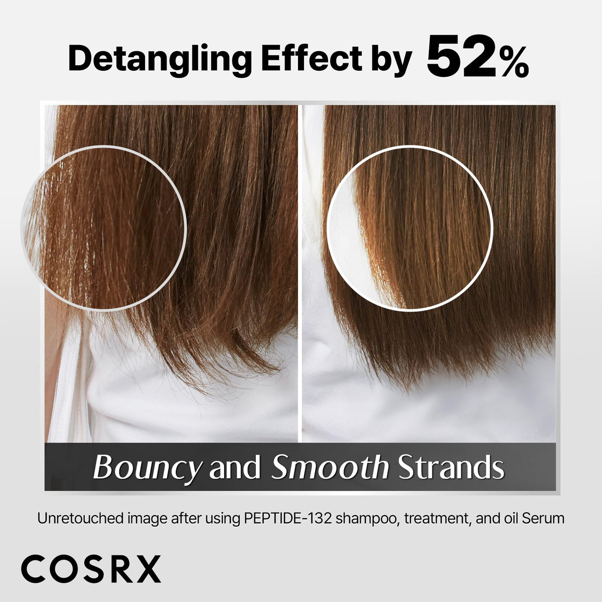 COSRX oil serum on a hair strand showing frizz control and gloss
