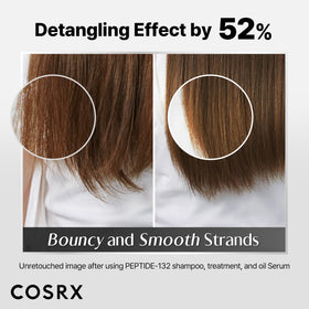 COSRX oil serum on a hair strand showing frizz control and gloss