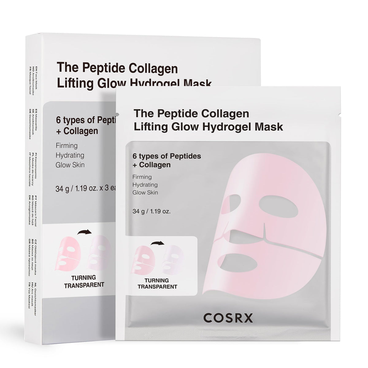 COSRX front packaging of three pink peptides hydrogel masks showing travel pack benefit