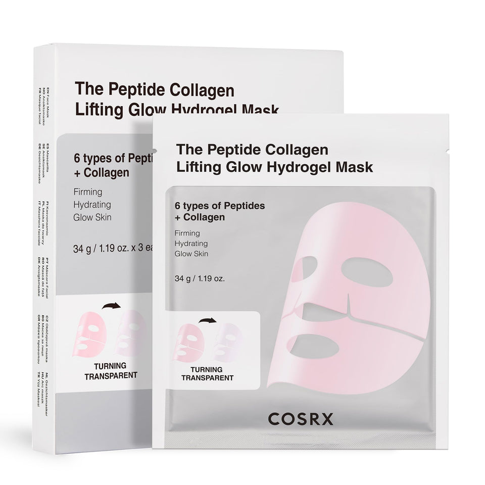 COSRX front packaging of three pink peptides hydrogel masks showing travel pack benefit
