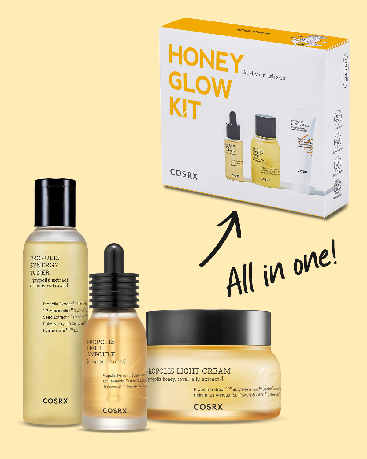 COSRX propolis synergy toner bottle close-up highlighting clear liquid hydration