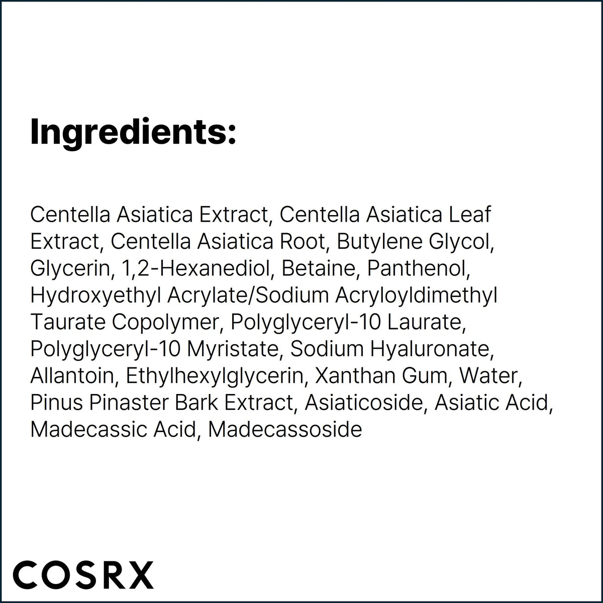COSRX label closeup showing ingredient highlights and reassurance of clean formulation