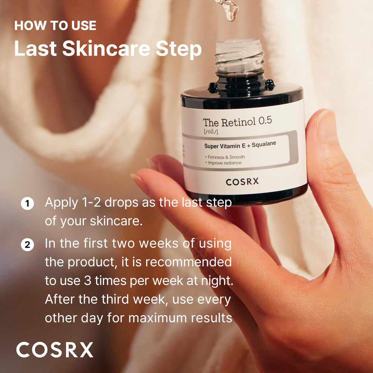 COSRX oil drops on hand demonstrating lightweight absorption and nourishment