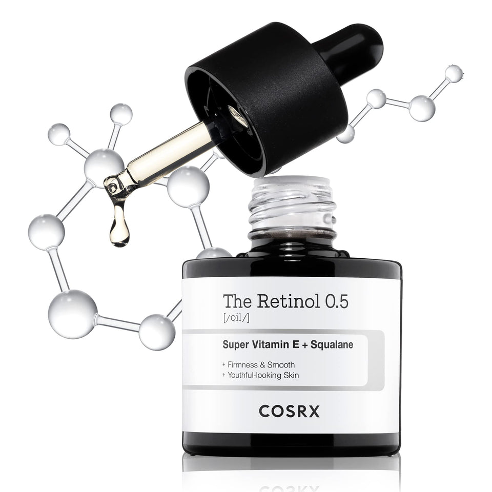 COSRX front packaging showing the retinol oil bottle and label benefits