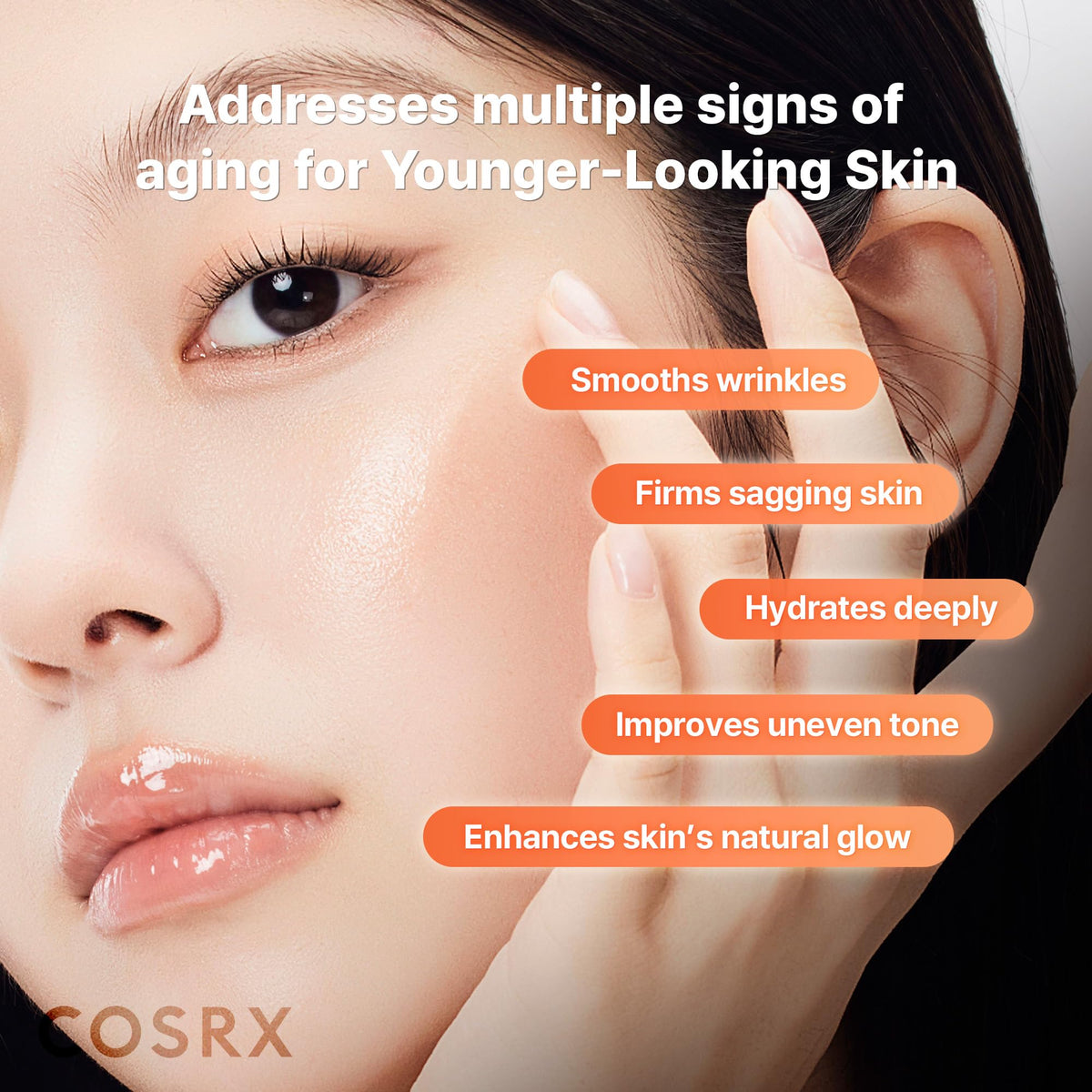 COSRX bottle close-up label illustrating key ingredients and quality assurance