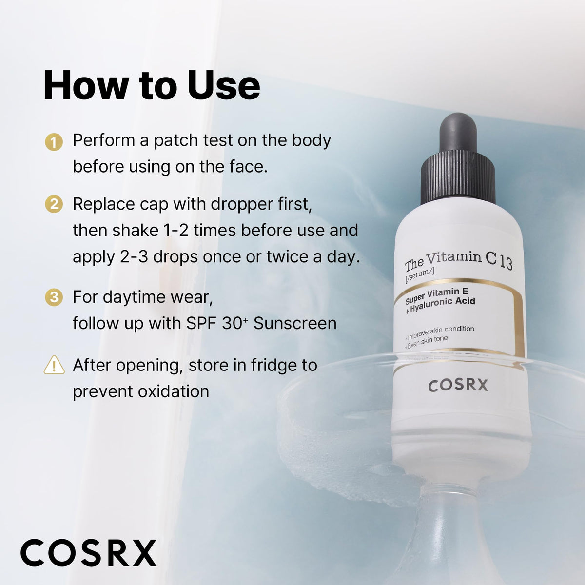 COSRX bottle stored in refrigerator illustrating storage to slow oxidation