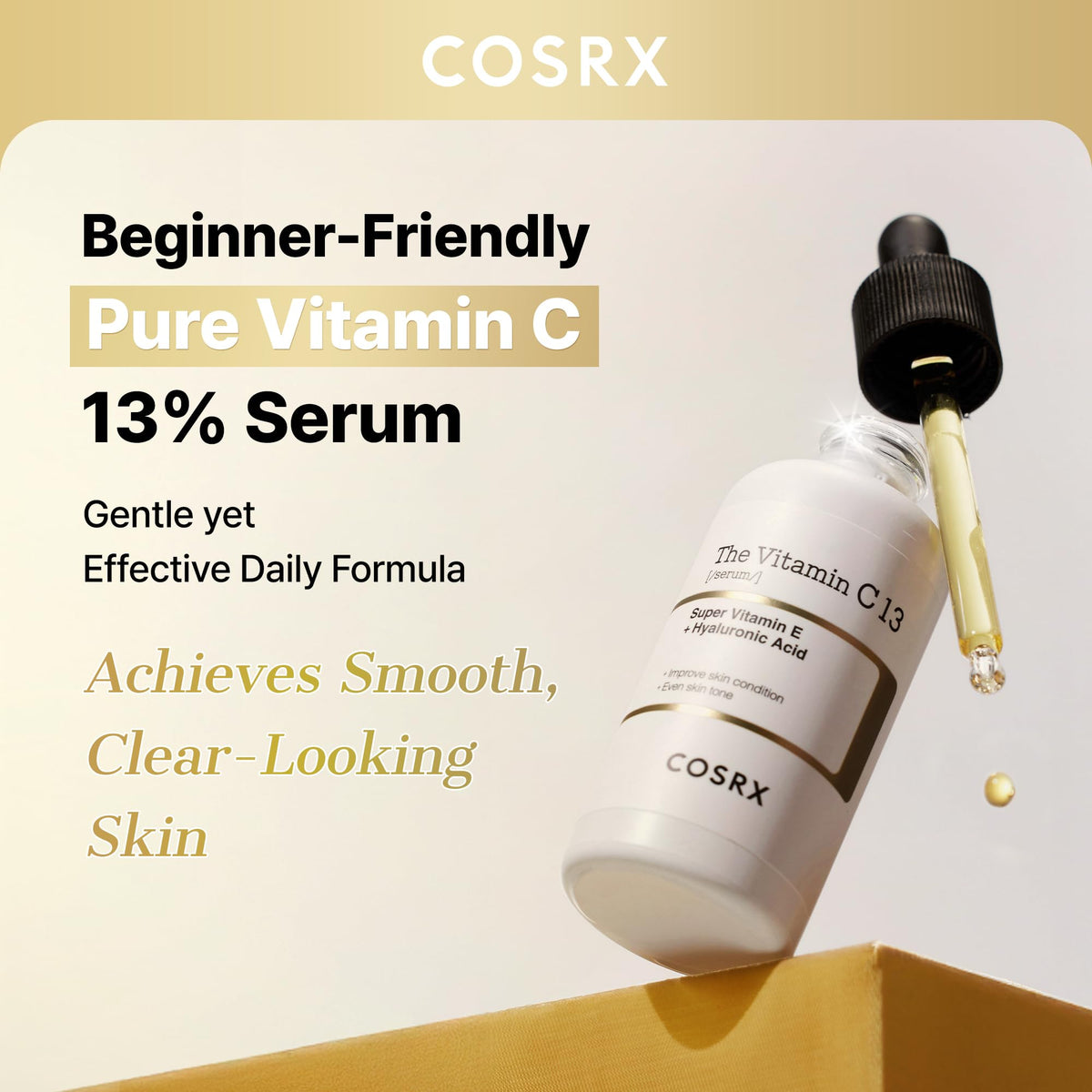 COSRX label and ingredients list highlighting vitamin C and hyaluronic acid benefits